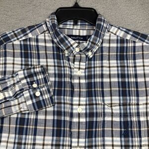 Nautica Button Shirt Men's Large Blue Plaid‎ Long Sleeve Linen Blend Casual
